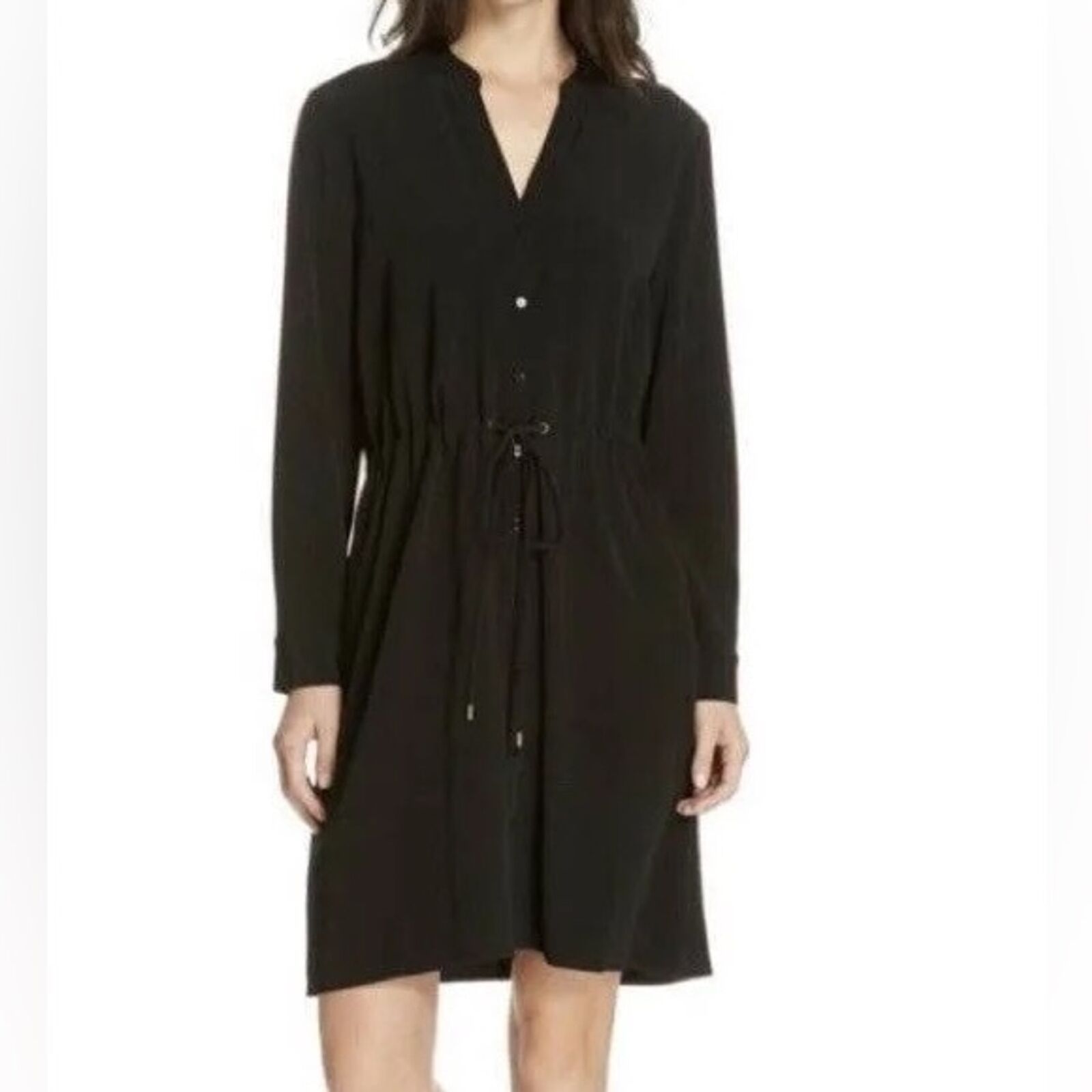 Eileen Fisher Black Tencel Crepe Dress Size Medium Long Sleeve Tie Collared